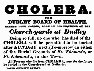 Dudley Board of Health poster met aankondiging van de begrafenisprocedure voor mensen die aan cholera zijn overleden, c.1840