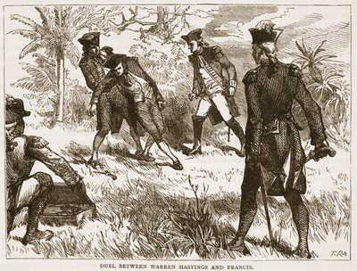 Duel tussen Warren Hastings en Francis, illustratie uit Cassells Geïllustreerde Geschiedenis van India door James Grant, uitgegeven 1879 door English School