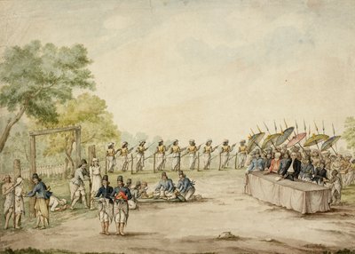 Nederlandse rechter en Javaanse heersers getuigen van de executie en verminking van criminelen, Java door English School