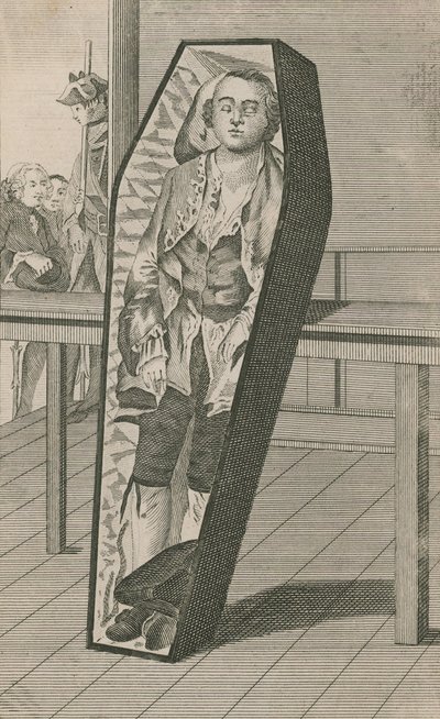 Earl Ferrers zoals hij in zijn kist lag in Surgeons Hall door English School