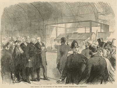 Earl Russell bij de opening van de Noord-Londense Tentoonstelling van Werkende Mannen door English School