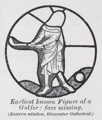 Oudste bekende figuur van een golfer, gezicht ontbreekt, oostelijk raam, Gloucester Cathedral door English School