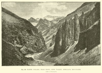 Aardpilaren, nabij Kioto, Spiti-vallei, Himalaya-gebergte door English School
