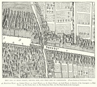Oostkant van Hoofdstraat, Nether Bow, en Westkant van Canongate (gravure) door English School