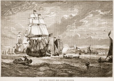 Schepen van de Oost-Indische Compagnie verlaten Woolwich, illustratie uit Cassells Geïllustreerde Geschiedenis van India door James Grant, uitgegeven 1879 door English School