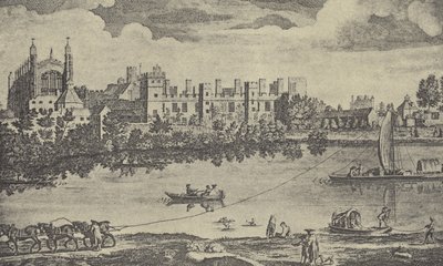 Oostelijk uitzicht op het college, 1742 (gravure) door English School