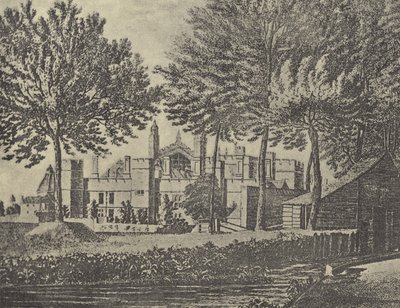 Oostelijk uitzicht op het college, 1746 (gravure) door English School