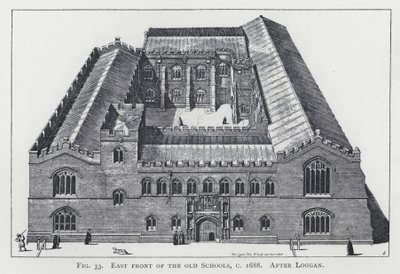 Oostgevel van de oude scholen, ca. 1688, naar Loggan door English School