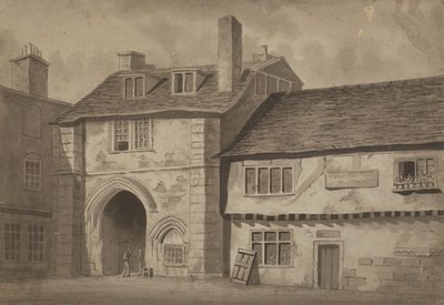 Oostelijk uitzicht op de poort naar de Abdij van St Saviour, Bermondsey, c.1825 door English School