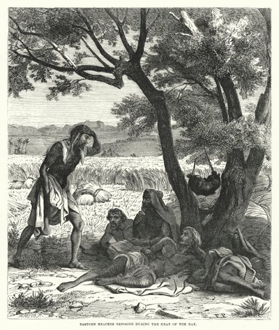 Oosterse maaiers rusten tijdens de hitte van de dag (gravure) door English School