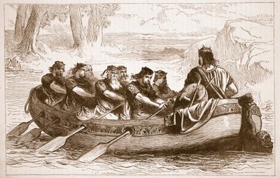 Edgar de Vredelievende die door acht onderdanige prinsen over de rivier de Dee wordt geroeid, illustratie uit Cassells Illustrated History of England door English School