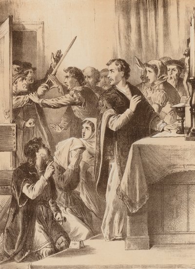 Edmund Genings, "Brak de kamerdeur open waar hij aan het vieren was" door English School