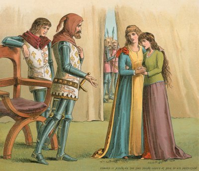Edward III verzekert de twee jonge dames in Poix van zijn bescherming door English School
