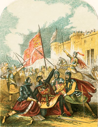 Edward I zwaait met de speer en zweert dat hij de man die hem gooide zal ophangen door English School