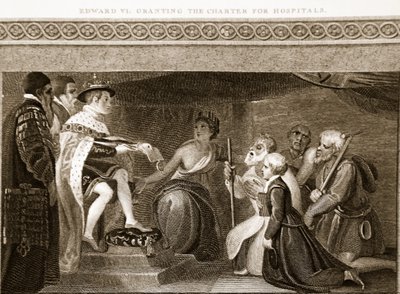 Edward VI verleent het handvest voor ziekenhuizen, illustratie uit David Humes The History of England, uitgegeven door R. Bowyer, Londen, 1812 door English School