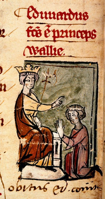 Edward van Caernarvon [Edward II] benoemd tot Prins van Wales en Graaf van Chester door zijn vader, koning Edward I, op het parlement van Lincoln, illustratie uit 