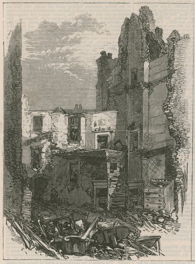 Gevolgen van de explosie in Clerkenwell: Interieur van huizen in Corporation Lane door English School