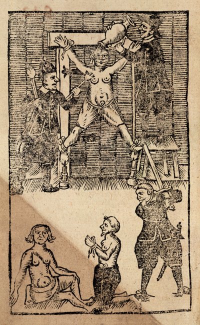 Nederlandse kolonisten in Amboyna martelen een Engelse koopman voorafgaand aan het bloedbad van 1623 dat een einde maakte aan de Britse handel in de Oost-Indië (houtsnede) door English School
