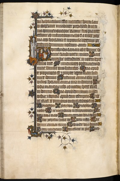 Egerton MS 3277, f.131v, Bohun dame in gebed, met marginale leeuw en kasteel, uit de 