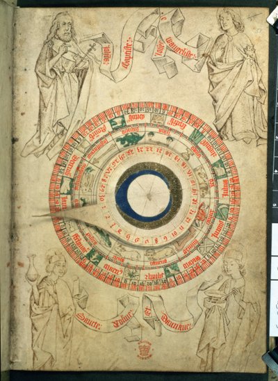Egerton Ms 2575 fol.51 De Volvelle van de Barbier-Chirurg, laat 15e eeuw (perkament) door English School