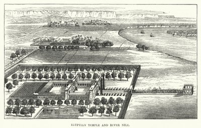 Egyptische Tempel en Rivier de Nijl (gravure) door English School