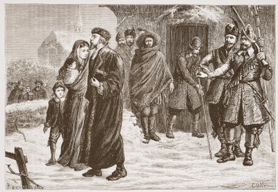 Verdrijving van een Hongaarse protestantse predikant in de winter, illustratie uit De Geschiedenis van het Protestantisme door James Aitken Wylie, 1878 door English School