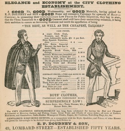 Elegantie en economie bij de City Clothing Establishment; E P Doudney & Son, 49 Lombard Street, Londen door English School