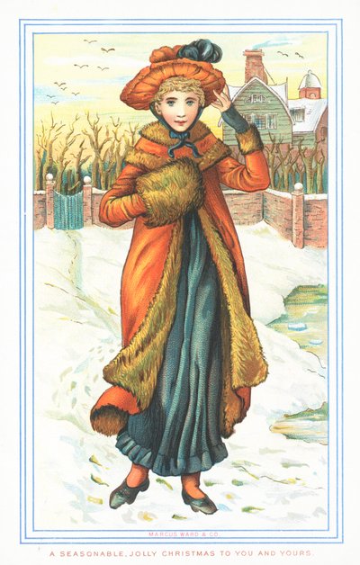 Elegante Dame in sneeuw, Kerstkaart door English School