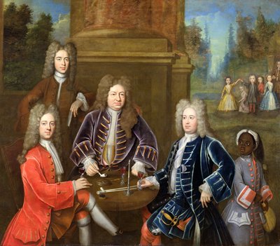 Elihu Yale (1648-1721) de tweede hertog van Devonshire, Lord James Cavendish, Mr Tunstal en een page, c.1708 door English School