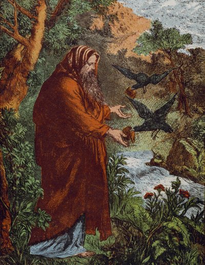 Elia en de raven (gekleurde gravure) door English School
