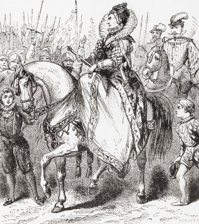 Elizabeth I inspecteert haar troepen in Tilbury Port, 1588, uit Ward en Locks Geïllustreerde Geschiedenis van de Wereld, pub. c.1882 door English School