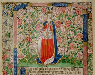 Elizabeth Woodville (ca. 1437-92) Koningin-gemalin van Koning Edward IV van Engeland (1442-83) (perkament) (detail) door English School