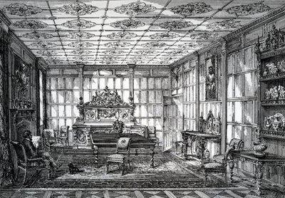 Elizabethaanse eetkamer, gepubliceerd in The House-Furnisher & Decorator, 1 oktober 1872 door English School