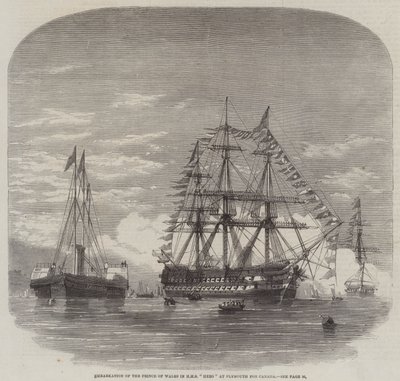 Inscheping van de Prins van Wales in HMS "Hero" in Plymouth voor Canada (gravure) door English School