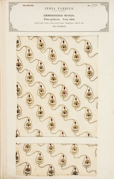 Geborduurd mousselinemonster uit Madras, uit De Collectie van de Textielfabrikanten van India, door John Forbes Watson, gepubliceerd in 1866 door English School