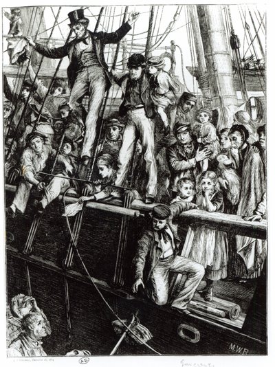 Emigranten verlaten Oud Engeland, uit het tijdschrift The Graphic, 18 december 1869 door English School