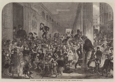 Kinderen inhuren voor de kerstpantomime in het Drury Lane Theatre (gravure) door English School