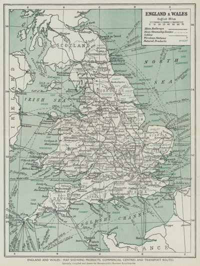Engeland en Wales, Kaart met producten, commerciële centra en transportroutes door English School