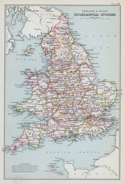 Engeland en Wales, kerkelijke afdelingen (kleurenlitho) door English School