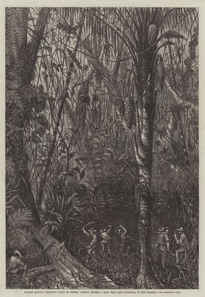 Engelse spoorwegopmetingsploeg in Midden-Amerika die een weg van het Meer van Nicaragua naar de Atlantische Oceaan aanlegt (gravure) door English School