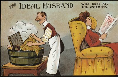 Engelse cartoon (ideale echtgenoot): de ideale echtgenoot (die al het wasgoed doet) - ansichtkaart, n.d., circa 1920 door English School