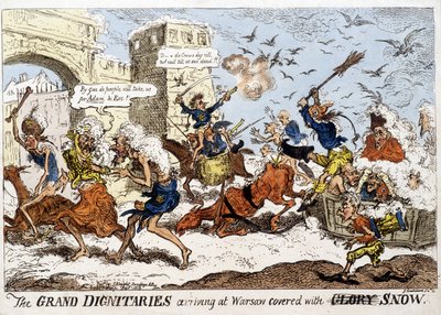 Engelse cartoon over de aankomst van het Napoleontische leger in Warschau onder sneeuw na de Russische terugtocht in december 1812 door English School