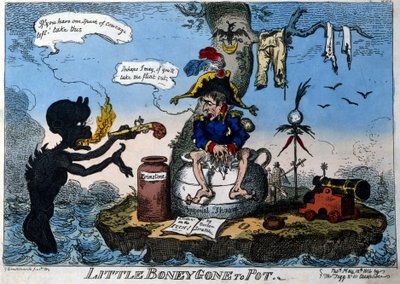 Engelse cartoon die keizer Napoleon I in ballingschap op Elba-eiland afbeeldt: zittend op zijn nieuwe troon in de vorm van een po, een demon geeft hem een pistool als hij de moed heeft om het te gebruiken. Mei 1814. door English School