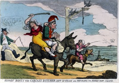 Engelse cartoon over de ballingschap van Keizer Napoleon I, afgebeeld op een ezel op weg naar het eiland Elba. 04/1814. door English School