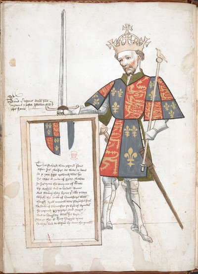 Engelse koning in harnas en tabberd (Richard II), die een plaquette met verzen overhandigt. door English School