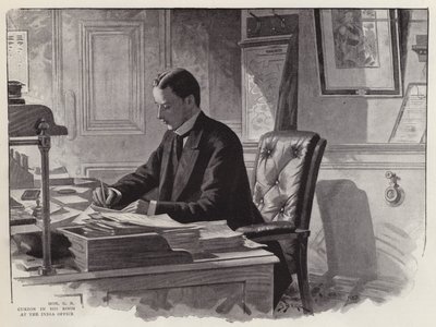 Engelse politicus George Curzon aan het werk in zijn kantoor bij het India Office door English School
