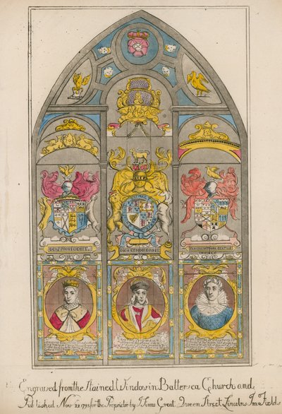 Gegraveerd van het glas-in-loodraam in de Battersea kerk door English School