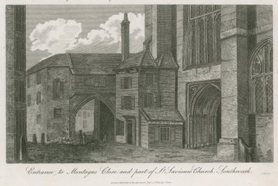 Ingang naar Montague Close en een deel van St Saviours Church, Southwark, Surrey door English School