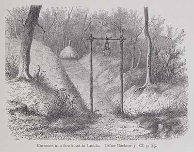 Ingang van een fetisjhut in Lunda, uit De Geschiedenis van de Mensheid, Vol.1, door Prof. Friedrich Ratzel, 1896 door English School