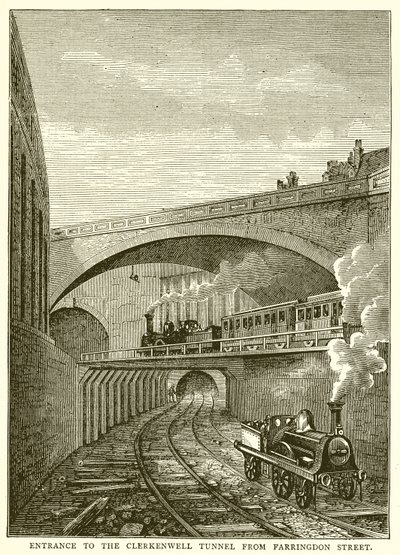 Ingang van de Clerkenwell Tunnel vanaf Farringdon Street door English School